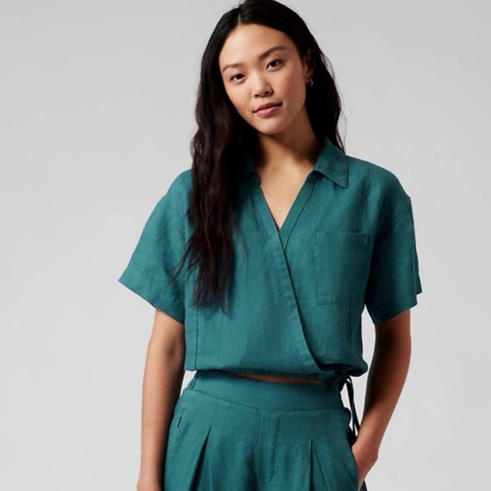 Athleta Teal Linen Wrap Blouse Size Xsmall